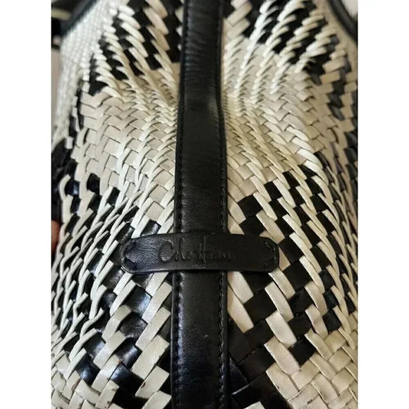 COLE HAAN Genevieve Woven Weave Black & White Tote Shoulder Bag Braided Handles - Picture 3 of 13